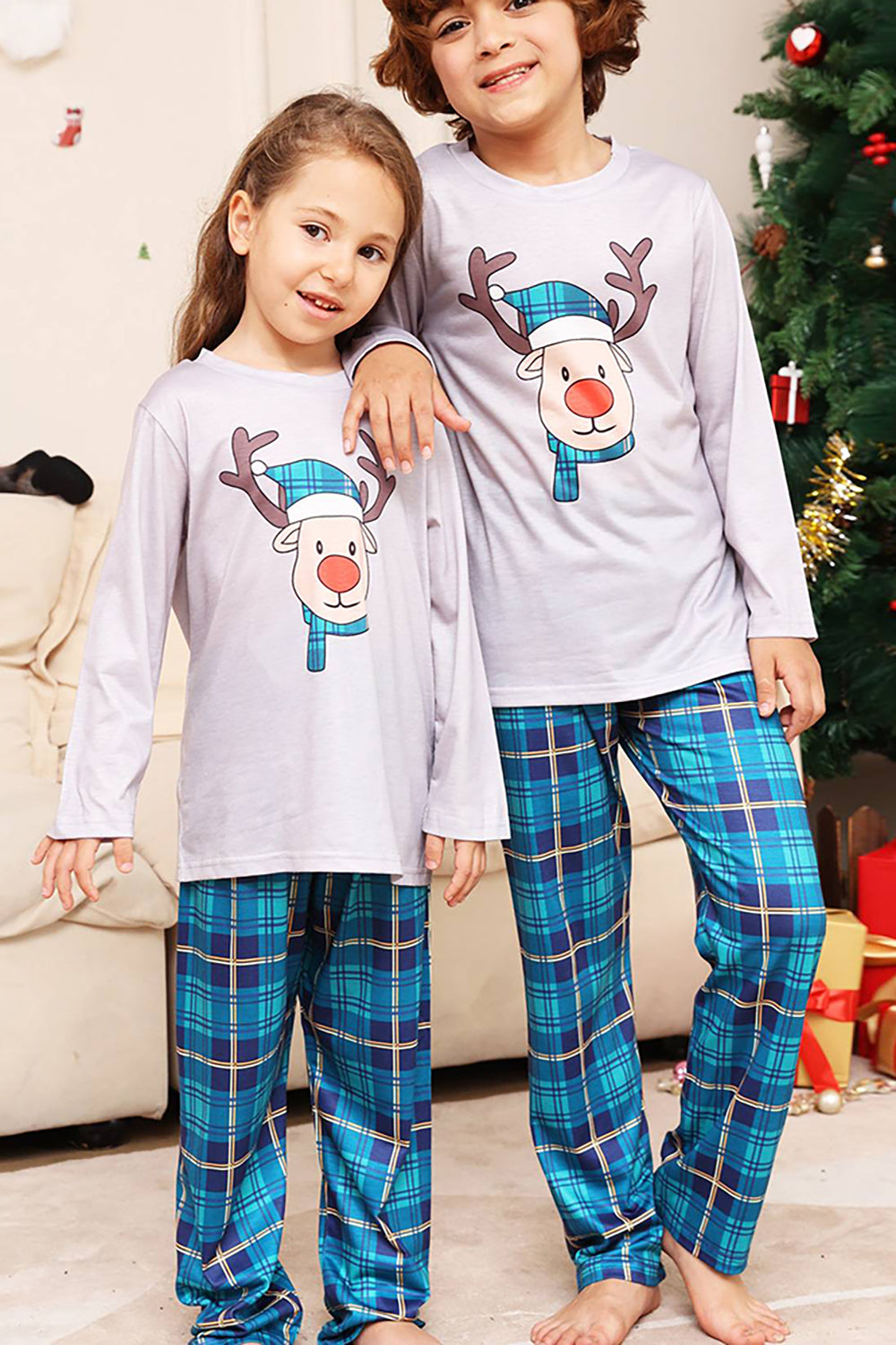 Grey Deer and Blue Plaid Christmas Family Matching Pajamas Set