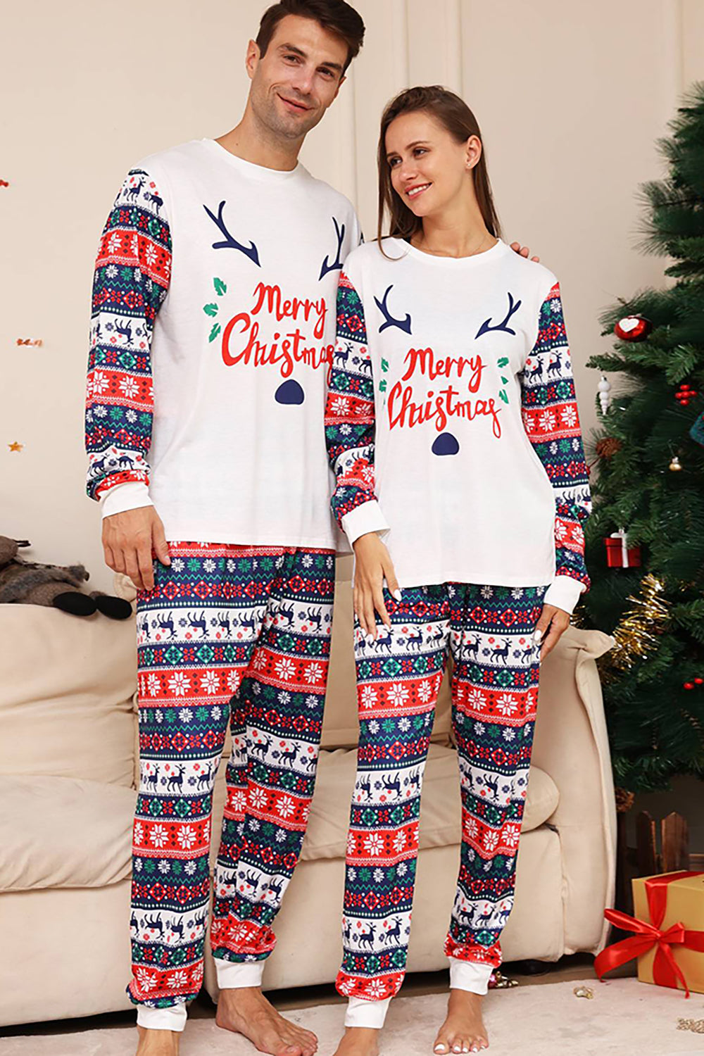 White and Blue Deer Snowflake Pattern Christmas Family Matching Pajamas Set