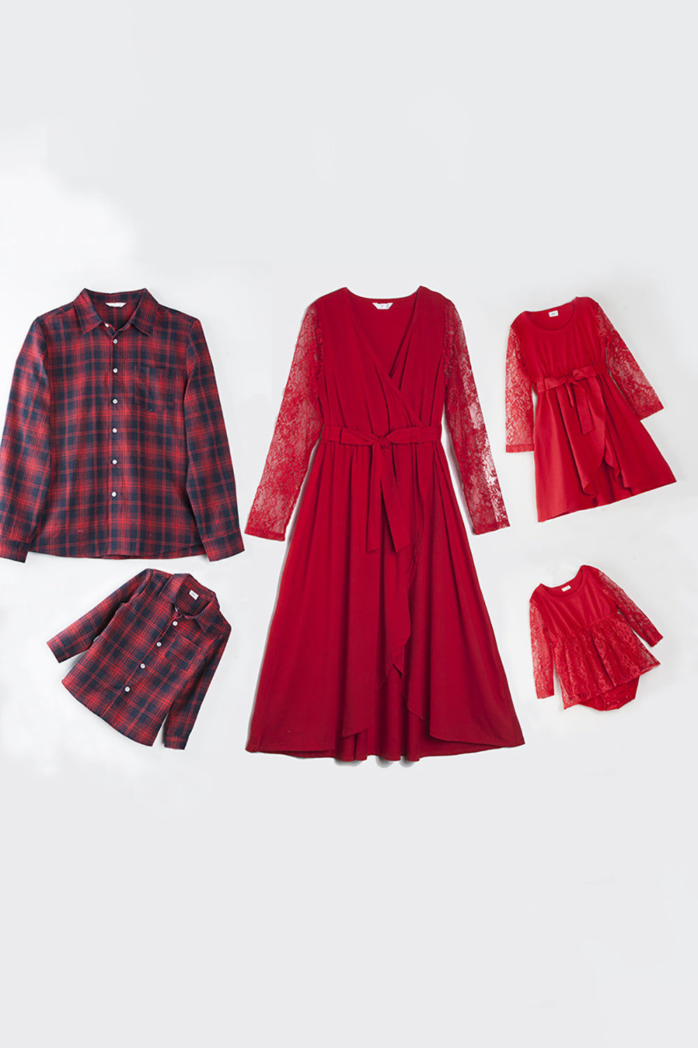 Red Lace Dresses and Long Sleeves T-Shirt Family Matching Outfits