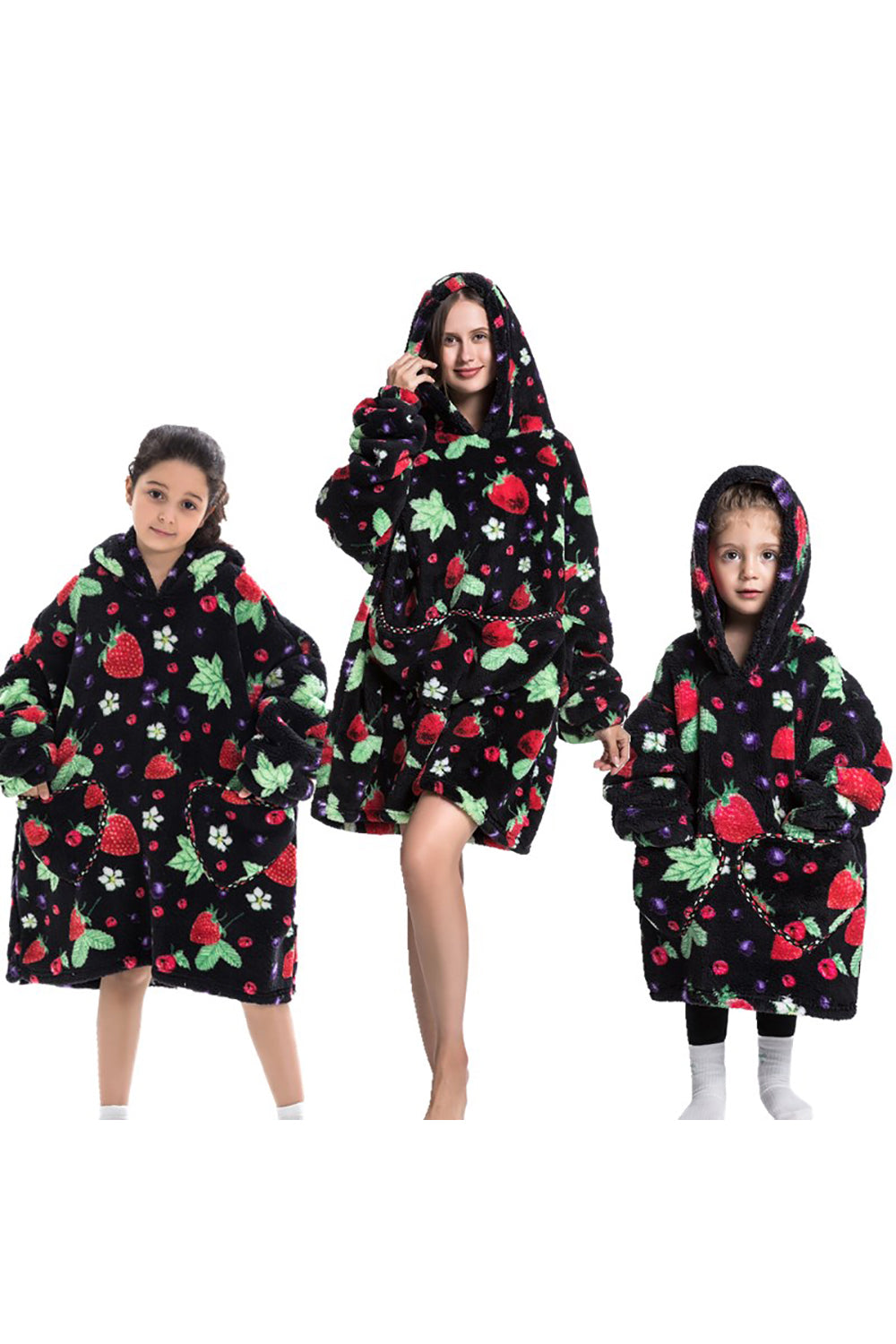 Black Strawberry Family Matching Flannel Oversize Wearable Hoodie Blanket Sweatshirt