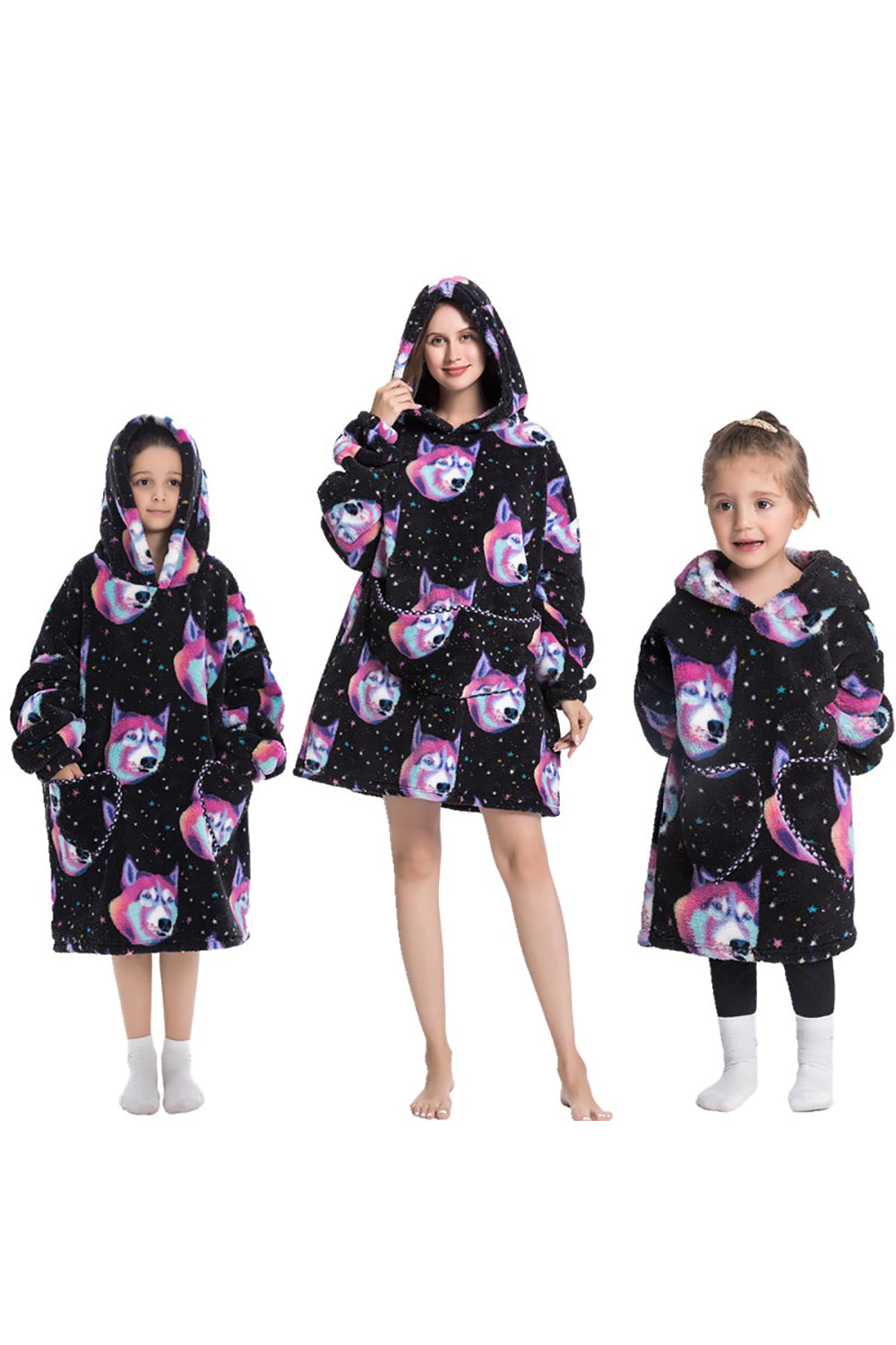Black Strawberry Family Matching Flannel Oversize Wearable Hoodie Blanket Sweatshirt