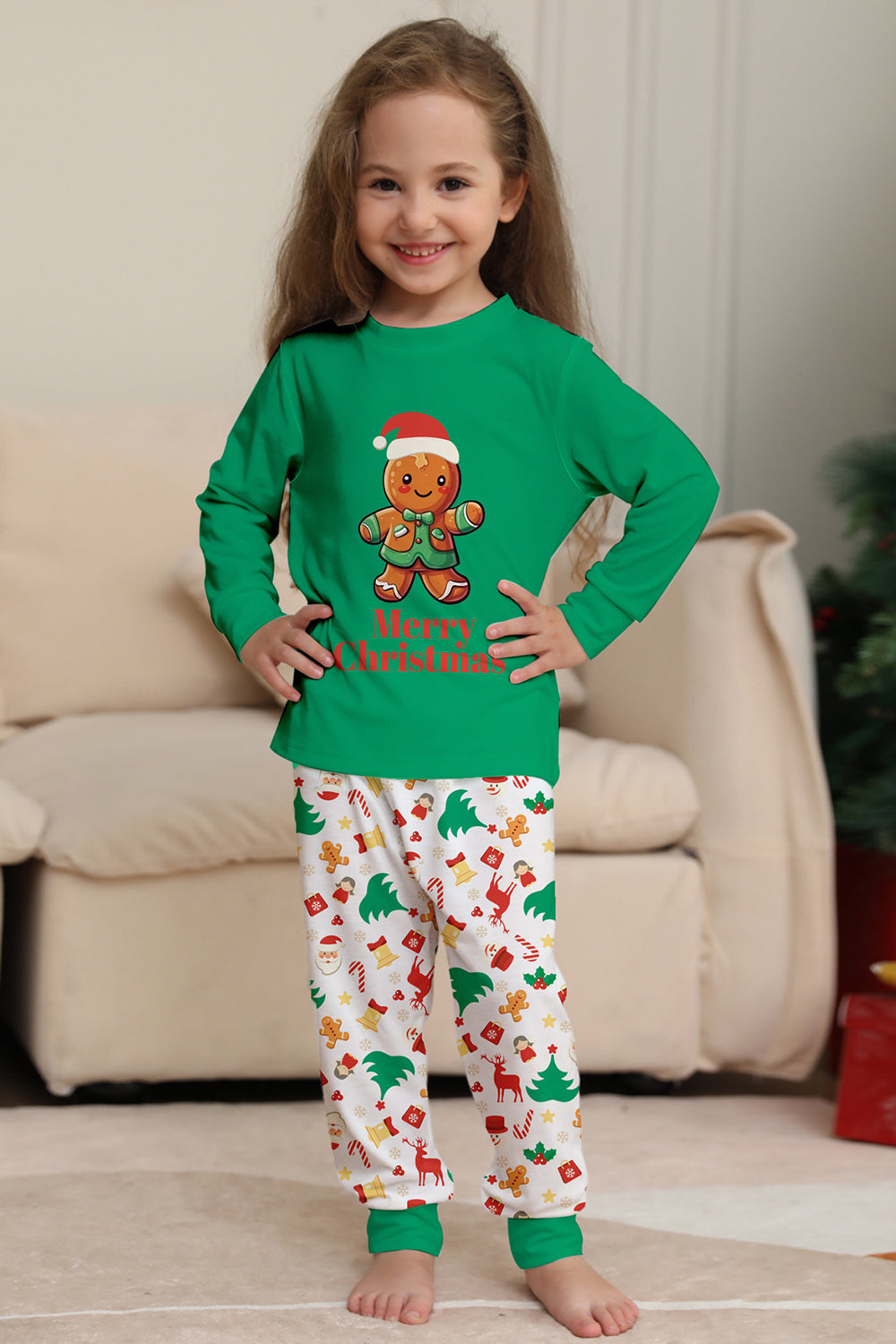 Christmas Family Matching Pajamas Green Santa Claus Print Pajamas Set
