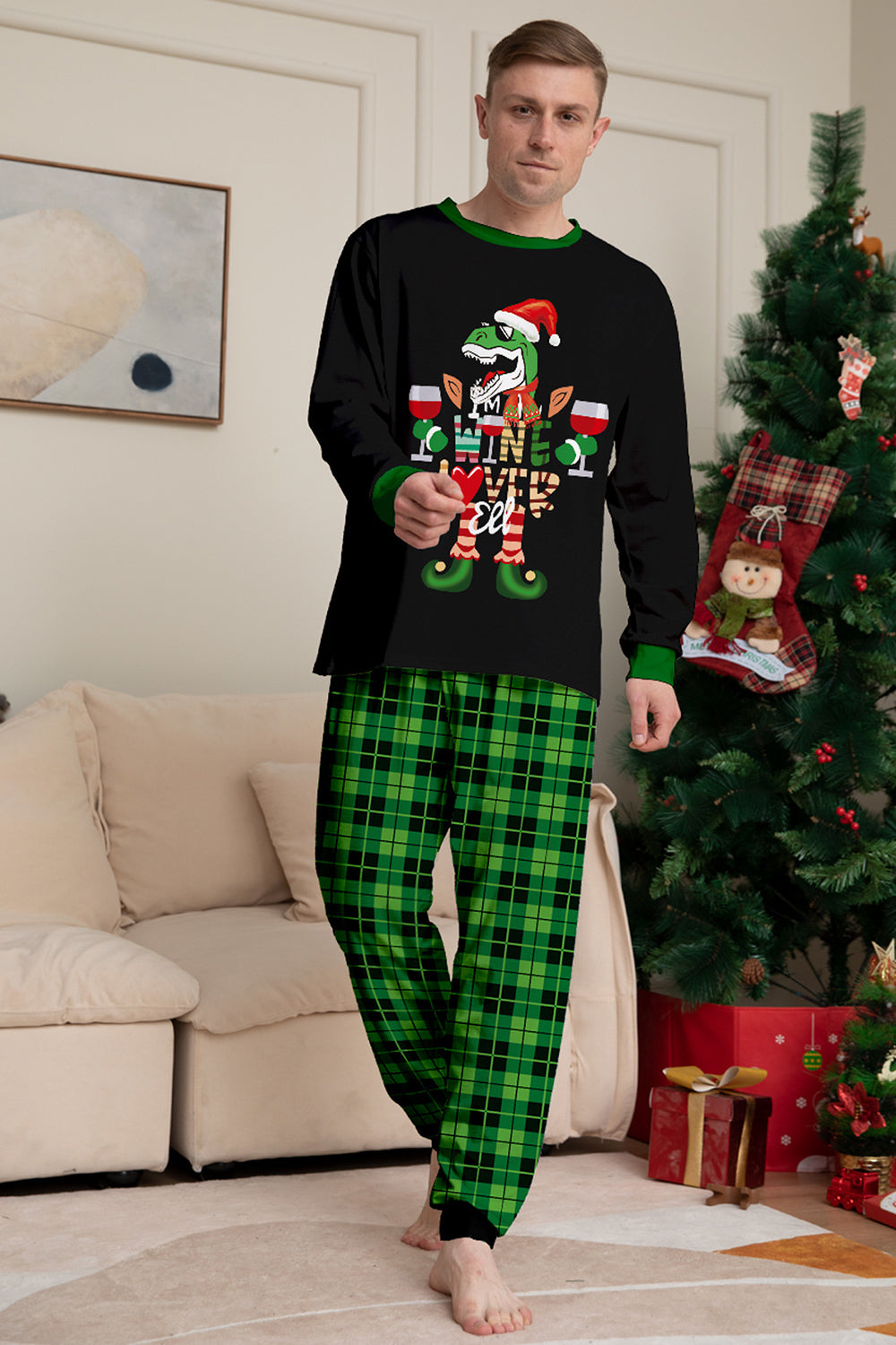 Christmas Family Wine Lover Dinosaur Print Pajamas Set