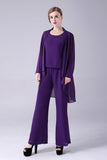 Purple Long Sleeves 3 Pieces Mother of the Bride Pant Suits