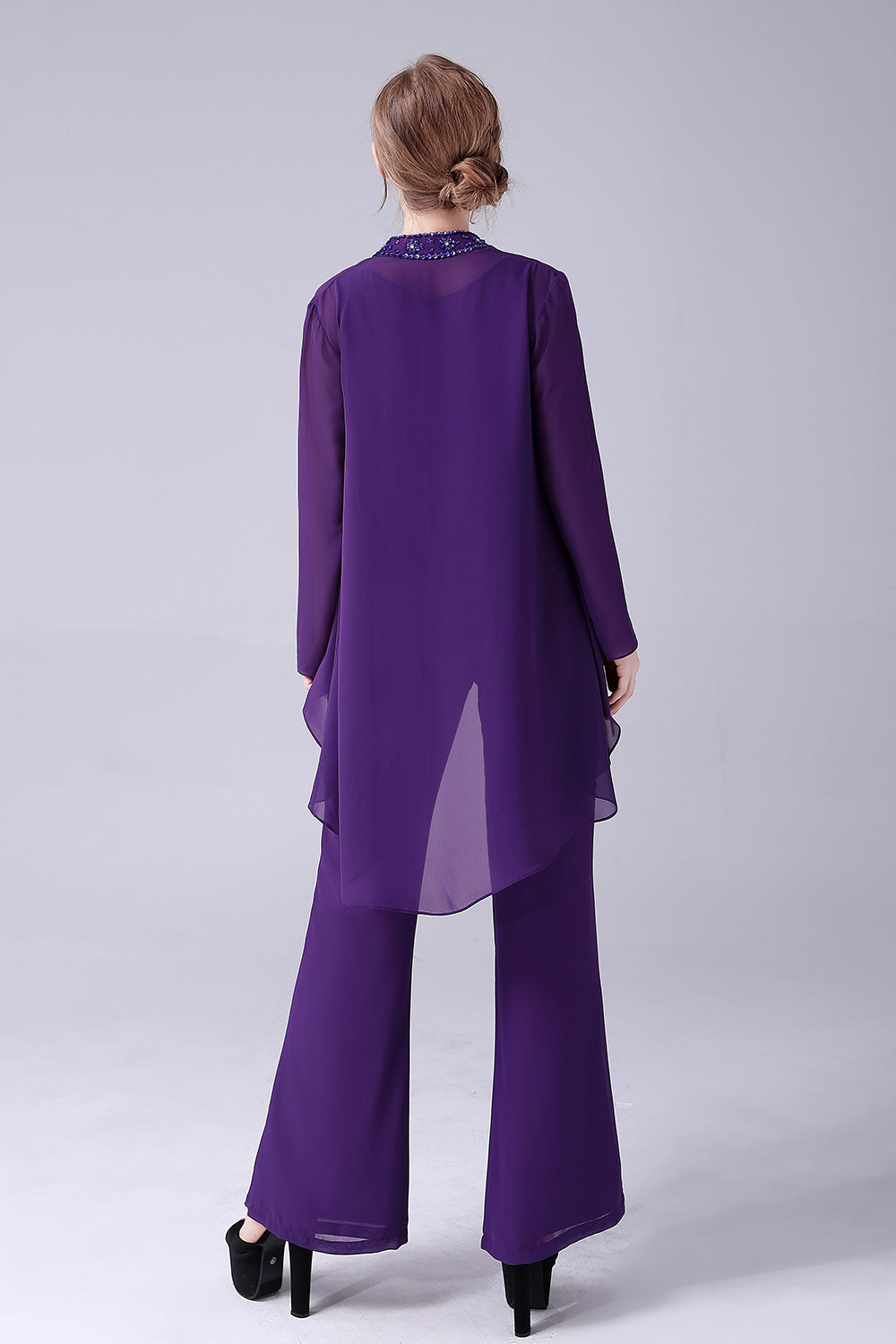 Purple Long Sleeves 3 Pieces Mother of the Bride Pant Suits