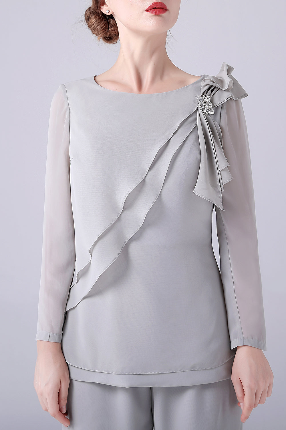 Silver 2 Pieces Chiffon Mother of the Bride Pant Suits