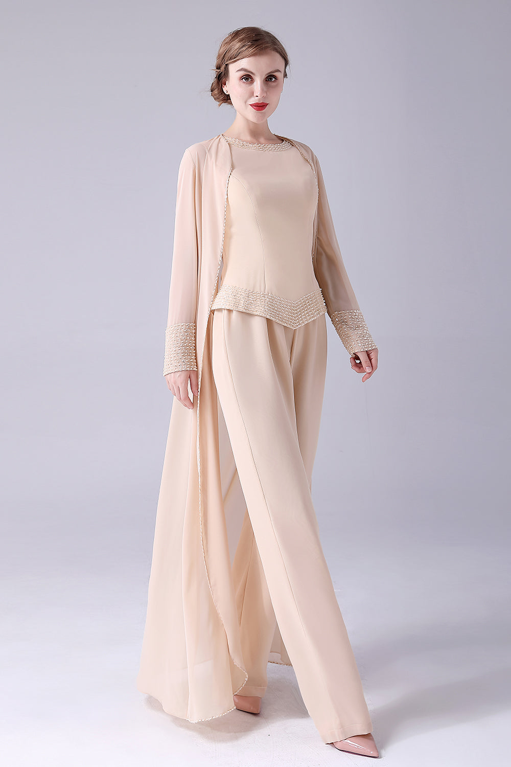Champagne Long Coat 3 Pieces Mother of the Bride Pant Suits