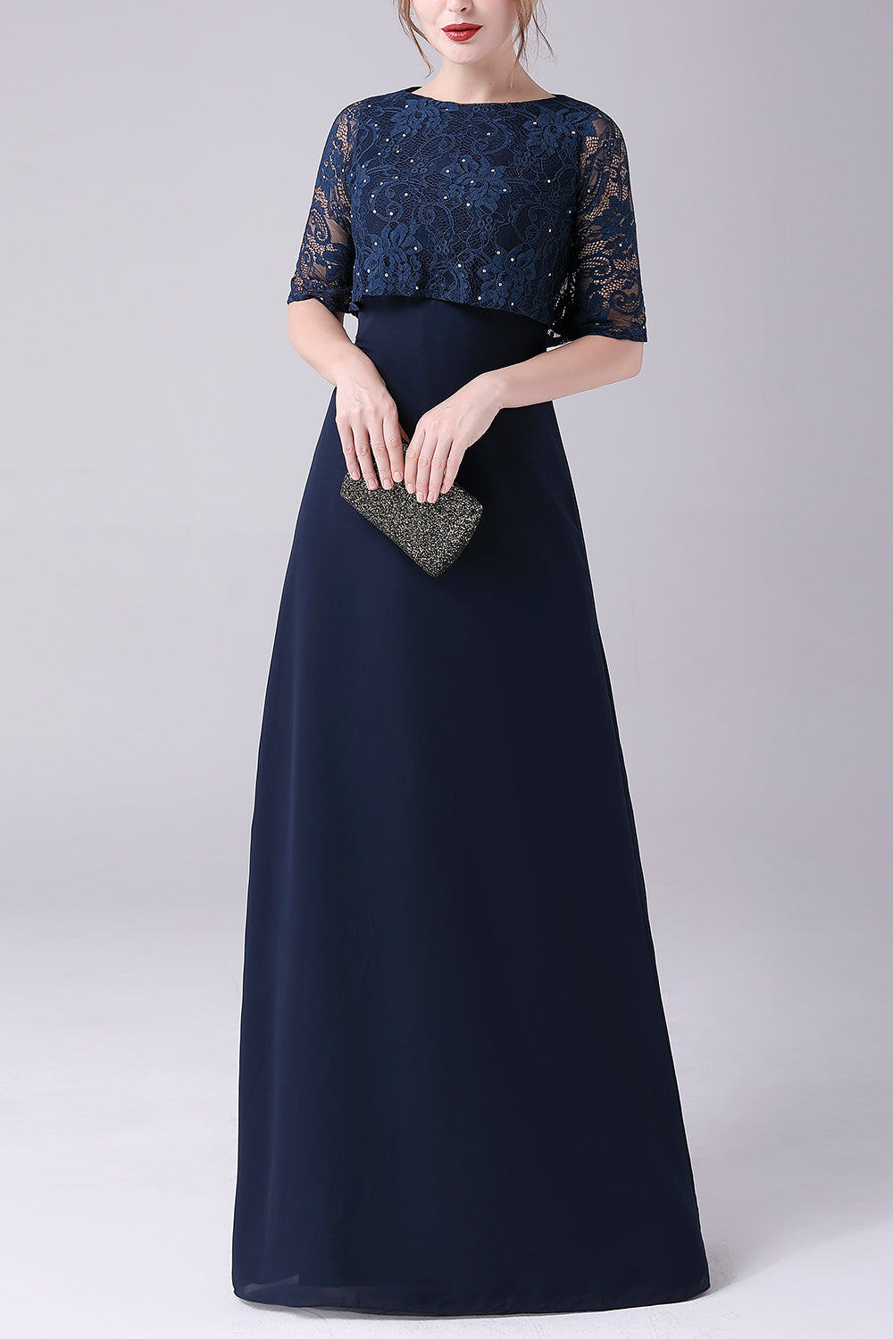 Navy Short Sleeves A-Line Chiffon Floor Length Mother of the Bride Dress