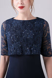 Navy Short Sleeves A-Line Chiffon Floor Length Mother of the Bride Dress