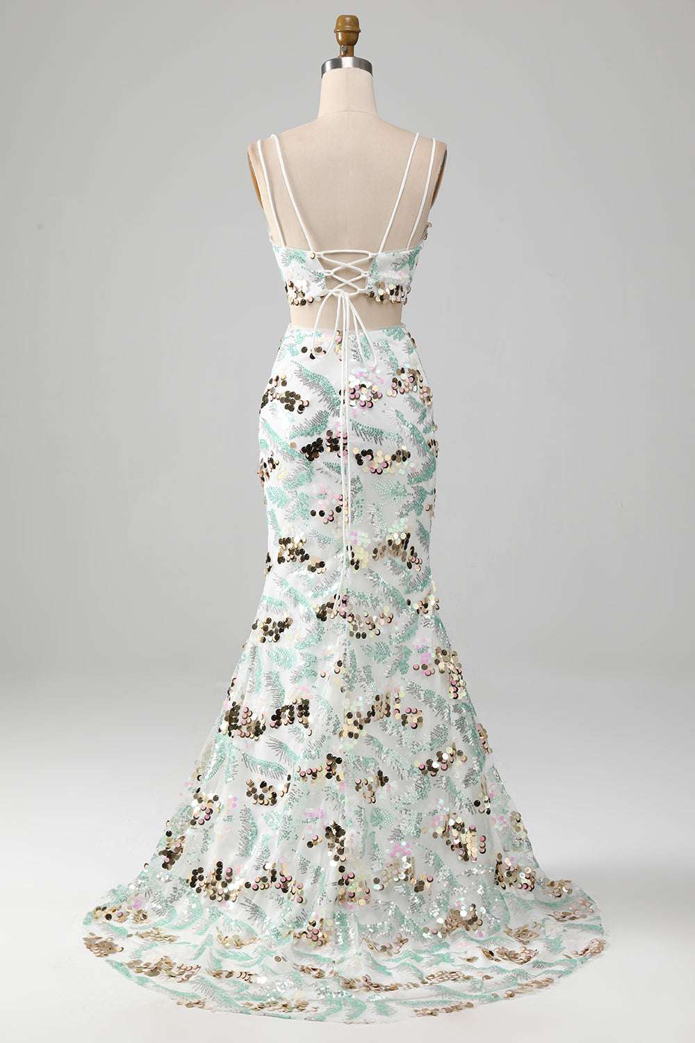 White Two Piece Sparkly Mermaid Prom Dress with Slit