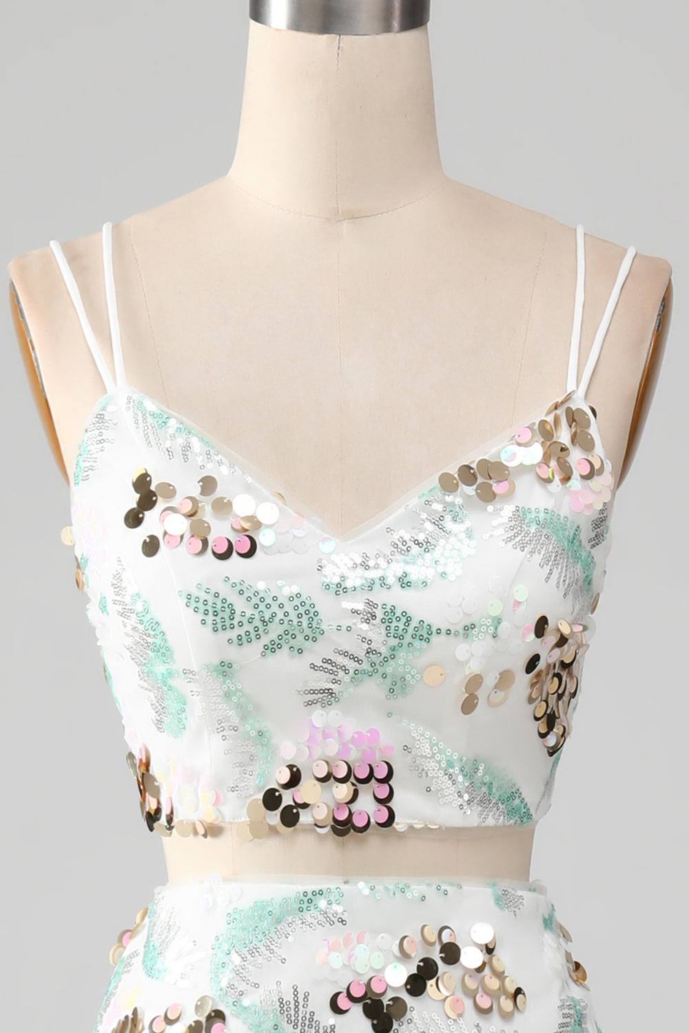 White Two Piece Sparkly Mermaid Prom Dress with Slit