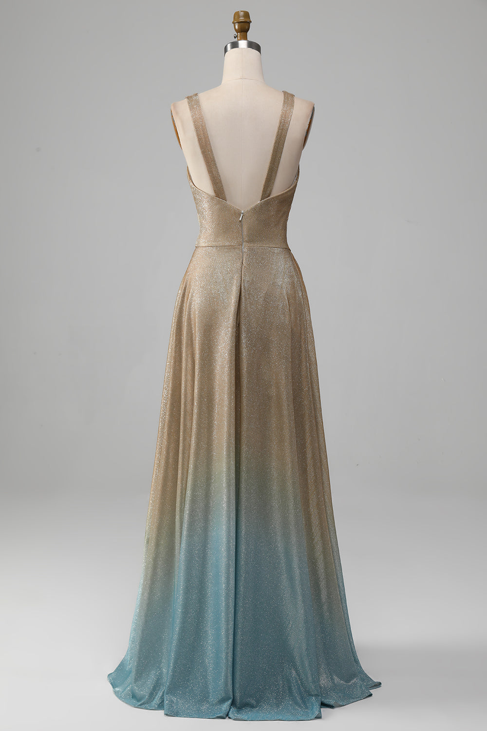 Glitter V-Neck Golden Formal Dress with Slit