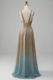 Glitter V-Neck Golden Formal Dress with Slit