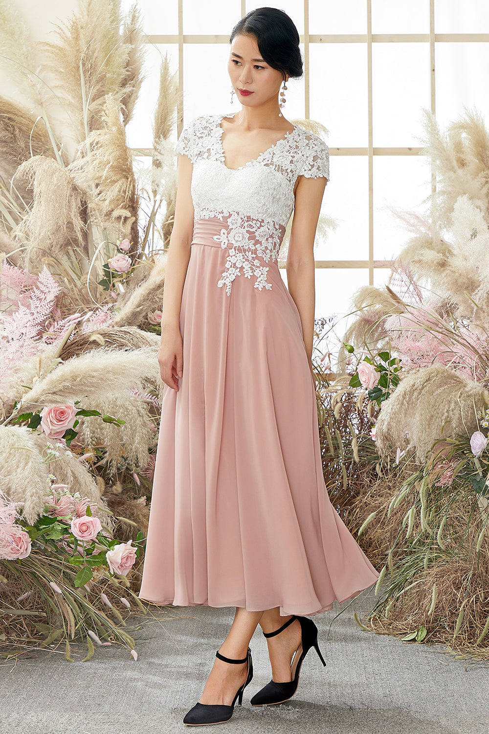 V Neck Appliques Mother of Bridal Dress Short Sleeves