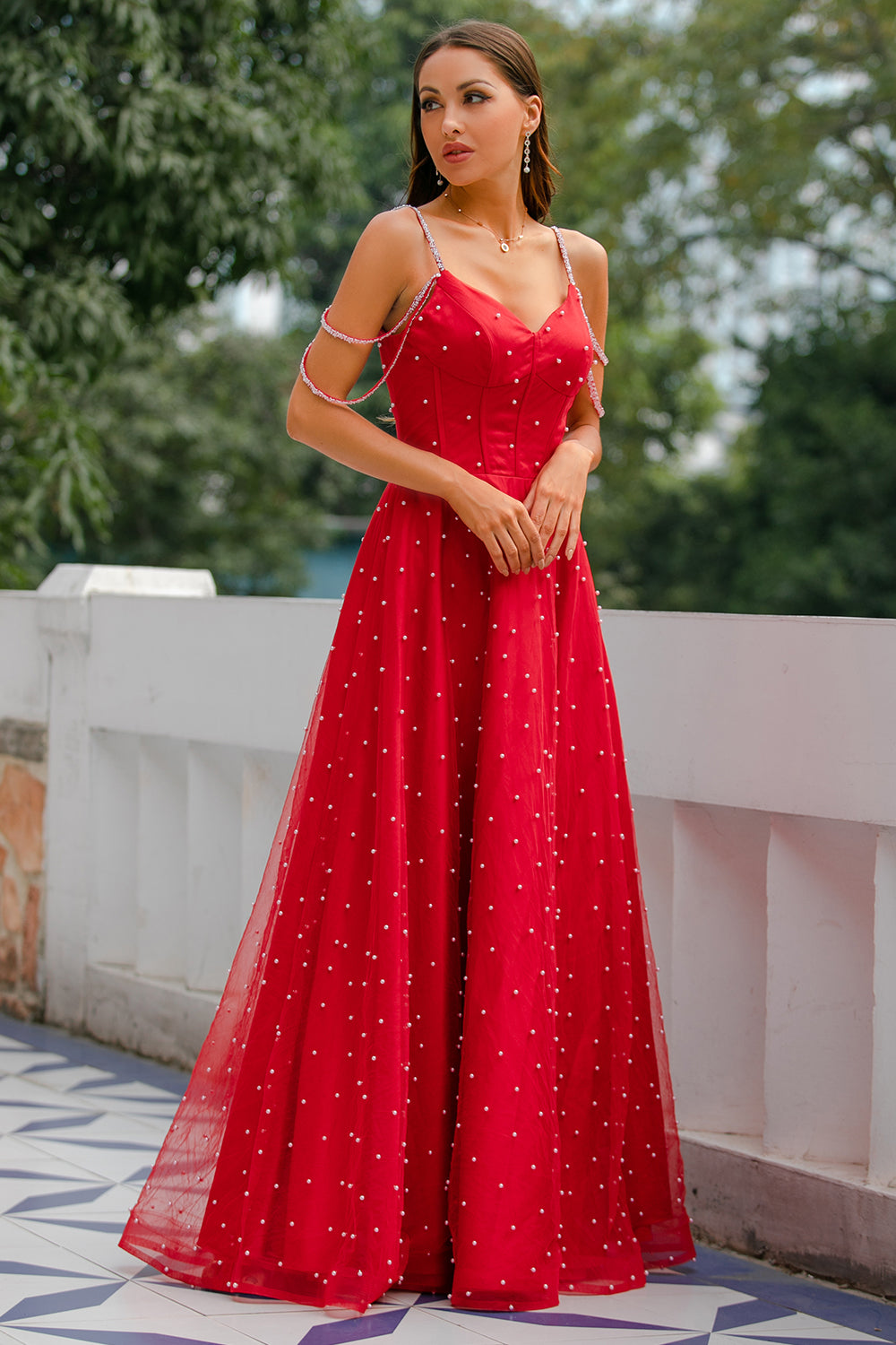 Red Beaded Long Prom Dress