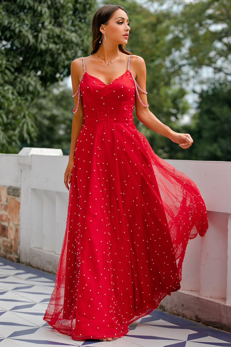 Zapaka Women Red A Line Spaghetti Straps Beaded Long Prom Evening