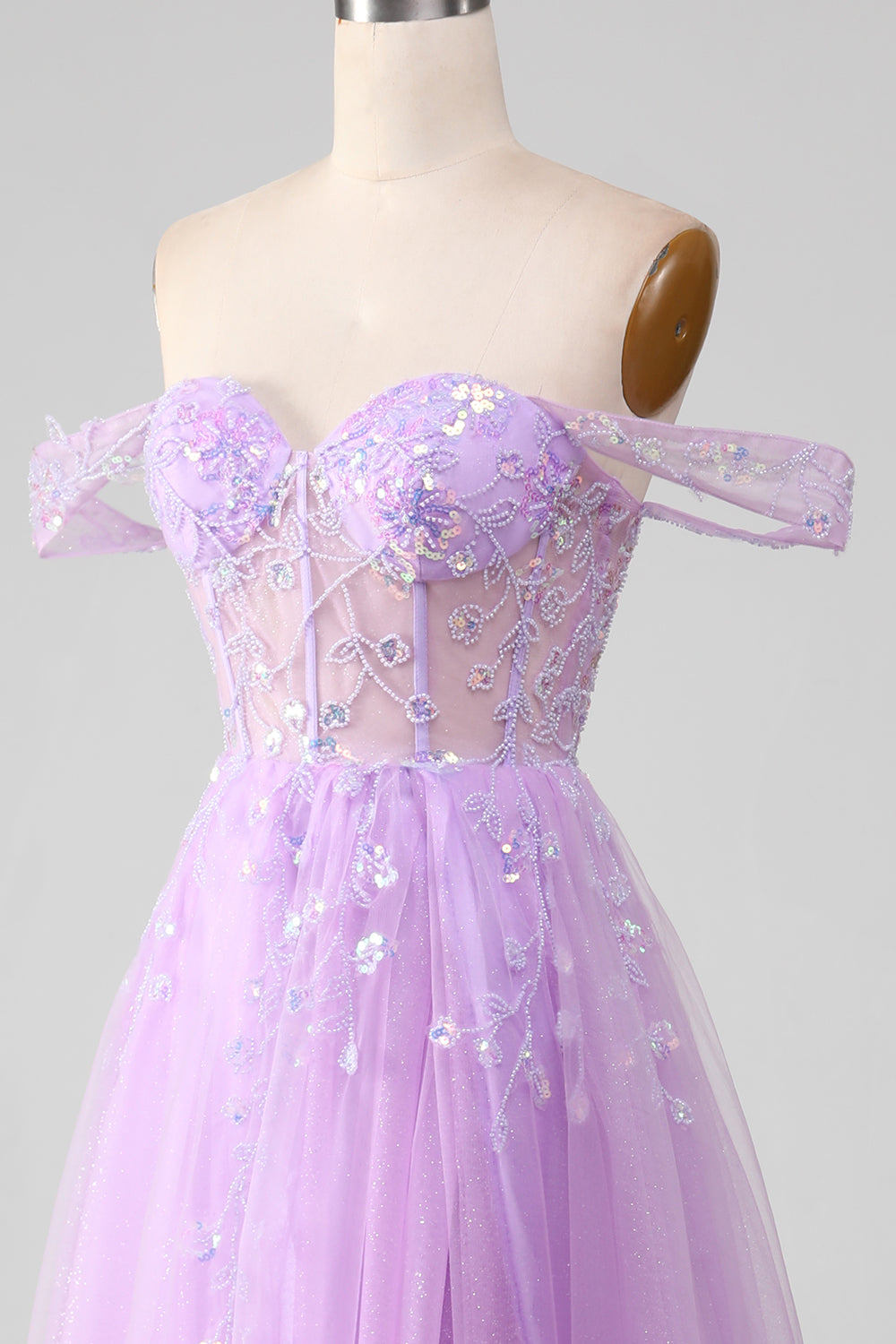 Lavender A Line Tulle Off the Shoulder Formal Dress with Slit