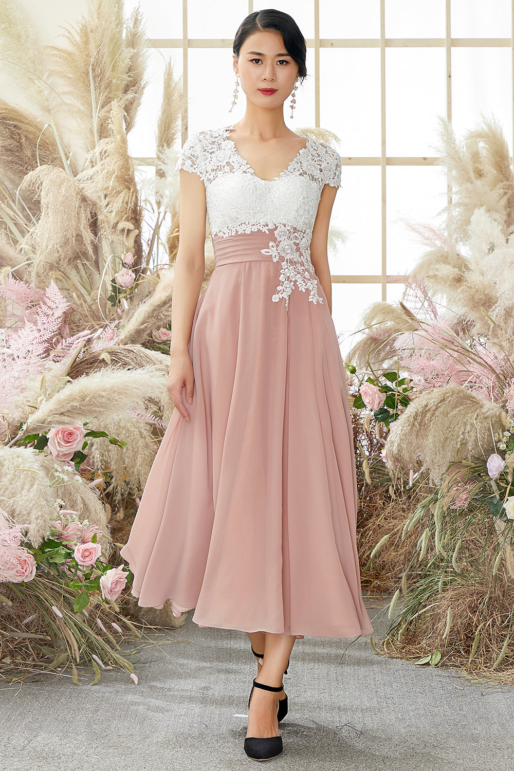 V Neck Appliques Mother of Bridal Dress Short Sleeves