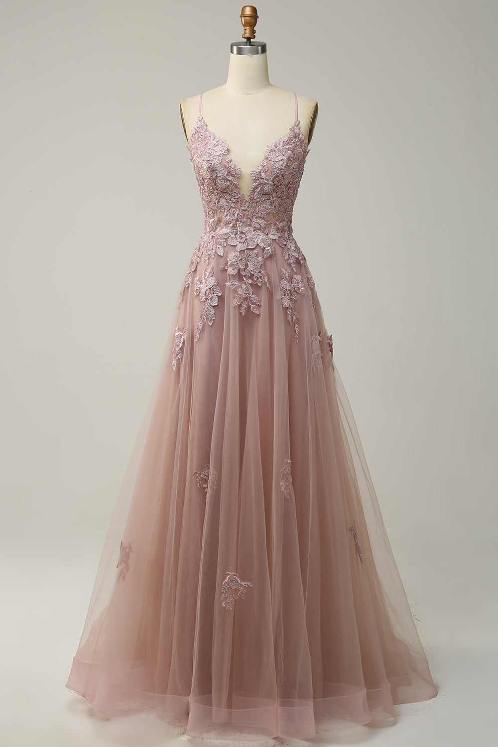 Spaghetti Straps A Line Light Purple Long Formal Dress with Criss Cross Back