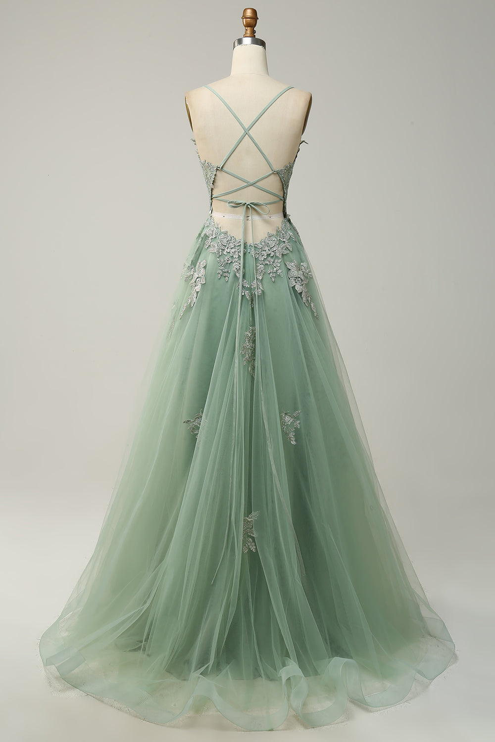 A Line Spaghetti Straps Green Long Formal Dress with Criss Cross Back