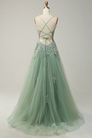 A Line Spaghetti Straps Green Long Formal Dress with Criss Cross Back