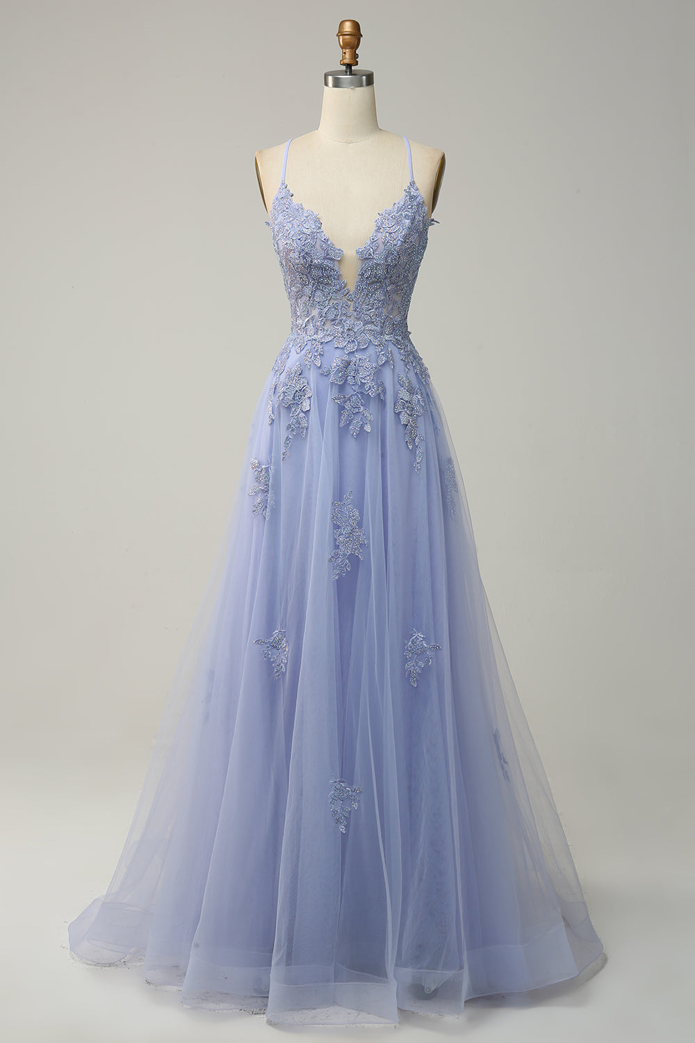 Zapaka Women Light Purple Long Formal Dress A Line Spaghetti Straps Evening Dress with Criss Cross Back