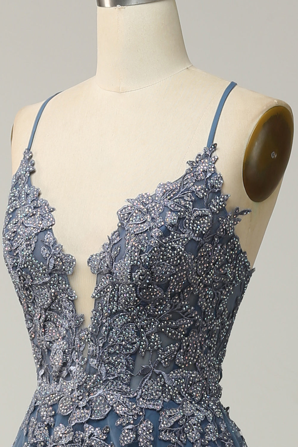 Spaghetti Straps A Line Grey Blue Long Formal Dress with Criss Cross Back