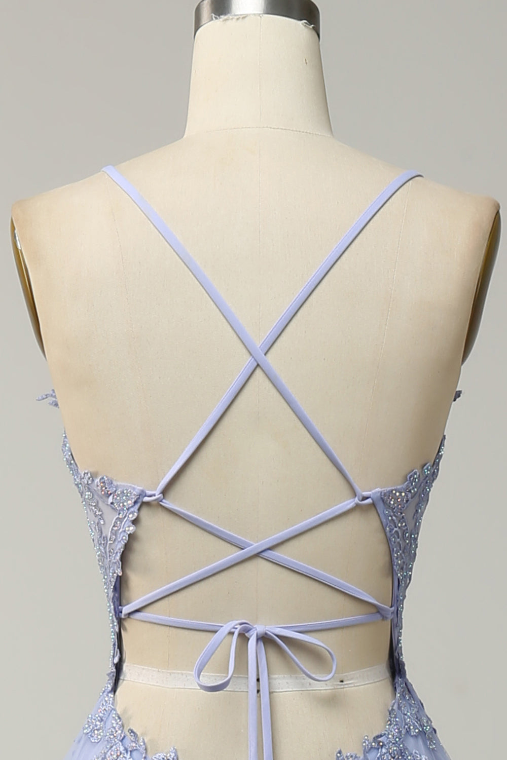 Spaghetti Straps A Line Light Purple Long Formal Dress with Criss Cross Back