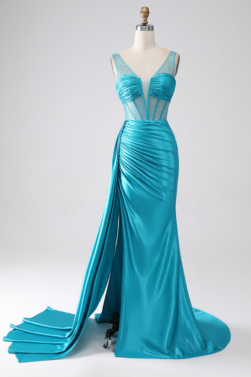 Turquoise Mermaid V Neck Sweep Train Pleated Corset Beaded Formal Dress