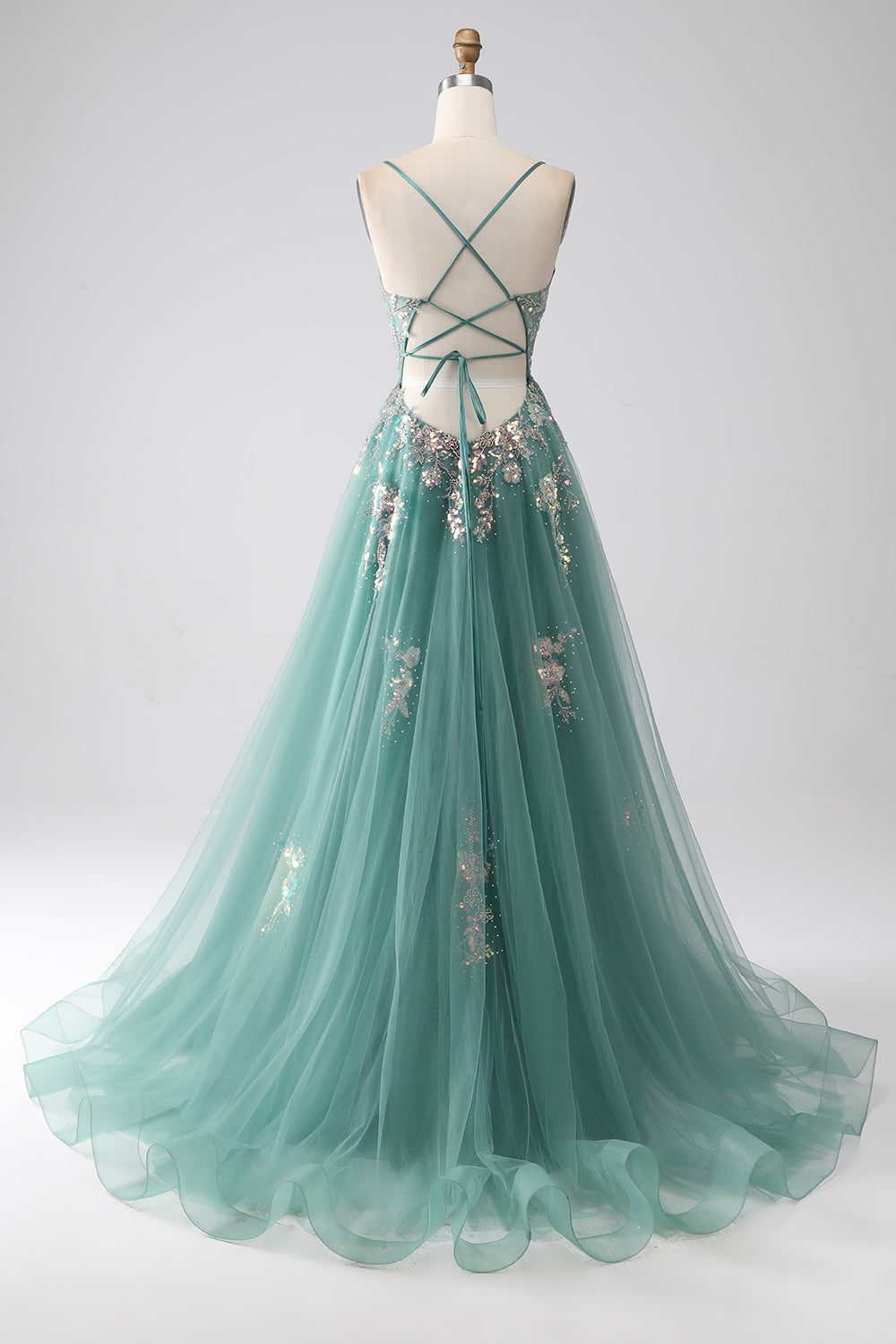 Glitter Green A-Line Spaghetti Straps Long Formal Dress With Sparkly Sequin Appliques