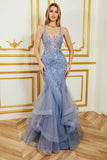 Mermaid Spaghetti Strap Beaded Backless Grey Blue Formal Dress With Appliques