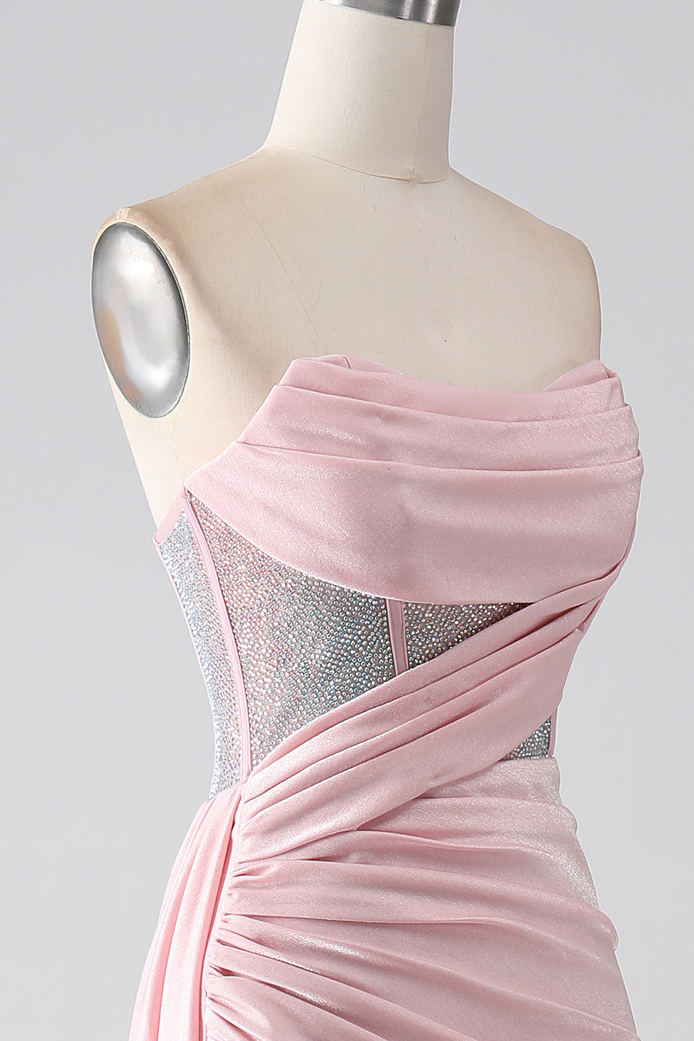 Pink Mermaid Strapless Beaded Pleated Long Formal Dress With High Slit