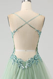 Gorgeous A Line V Neck Light Green Long Formal Dress with Appliques