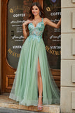A-Line V Neck Split Tulle Light Green Formal Dress with Appliqued Beading
