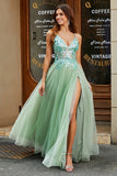 A-Line V Neck Split Tulle Light Green Formal Dress with Appliqued Beading