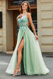 A-Line V Neck Split Tulle Light Green Formal Dress with Appliqued Beading