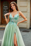 A-Line V Neck Split Tulle Light Green Formal Dress with Appliqued Beading