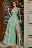 A-Line V Neck Split Tulle Light Green Formal Dress with Appliqued Beading