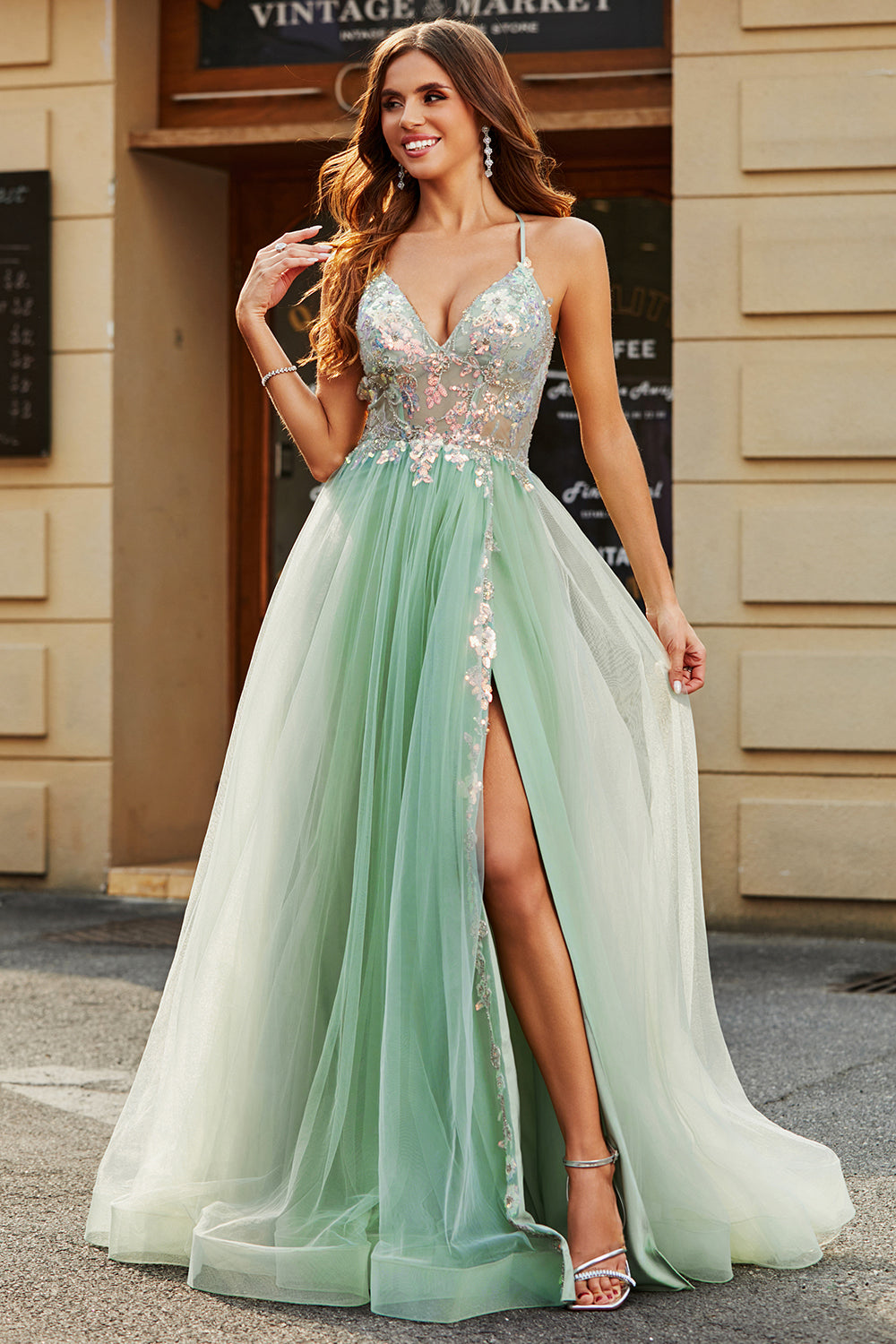 A-Line V Neck Floor-Length Beaded Tulle Light Green Formal Dress with Slit
