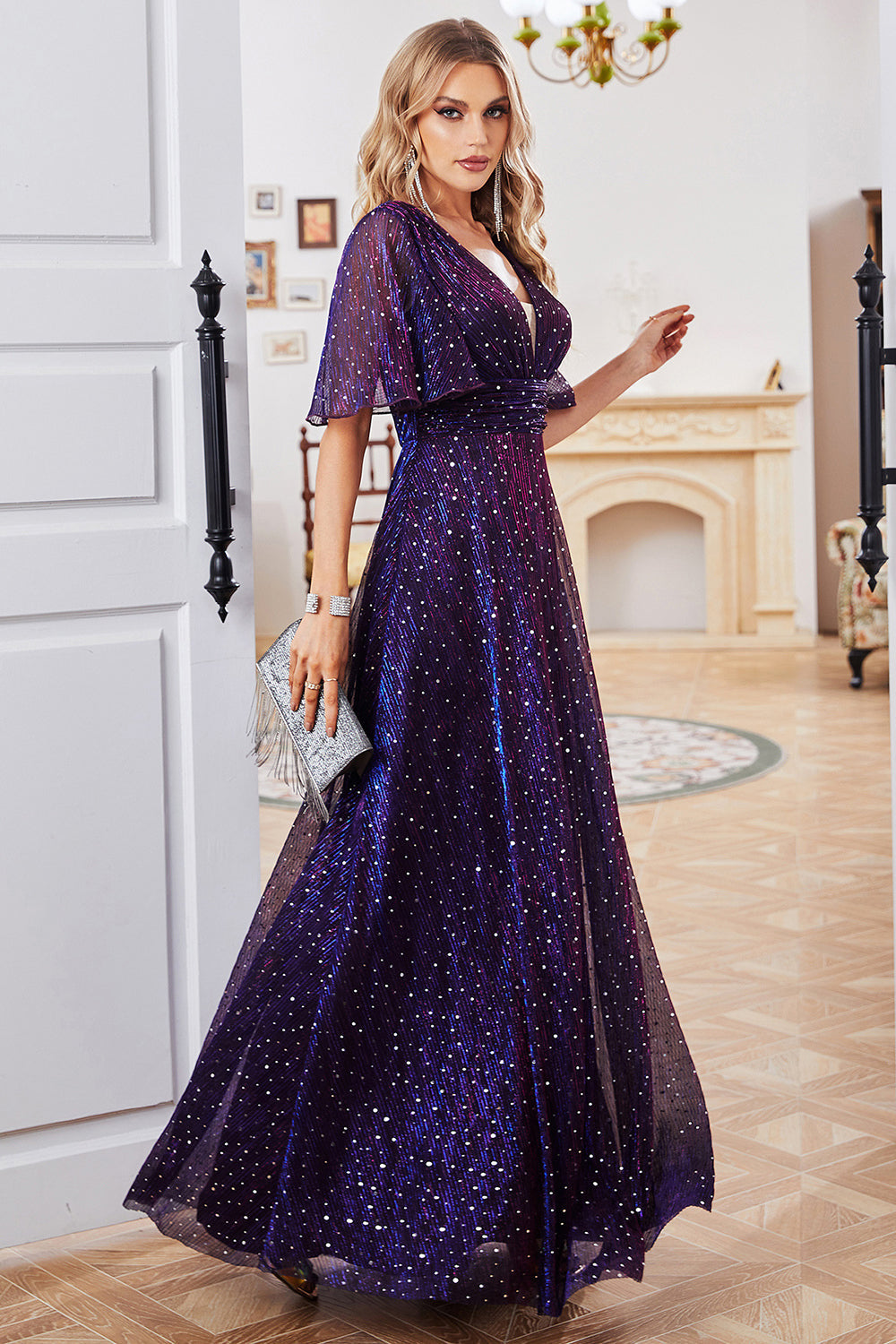 Sparkly V-Neck Purple Party Dress with Short Sleeves