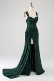 Dark Green Sheath Sparkly Sequin Pleated Long Formal Dress With Thigh Split