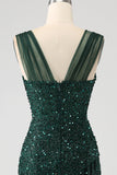 Dark Green Sheath Sparkly Sequin Pleated Long Formal Dress With Thigh Split
