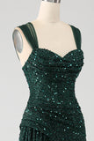 Dark Green Sheath Sparkly Sequin Pleated Long Formal Dress With Thigh Split