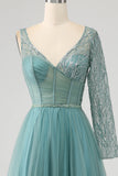 Grey Green A-Line Sparkly Sequin Long Corset Formal Dress
