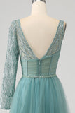 Grey Green A-Line Sparkly Sequin Long Corset Formal Dress