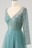 Grey Green A-Line Sparkly Sequin Long Corset Formal Dress