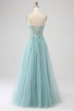 Sparkly Light Green A-Line Sequin Applique Corset Formal Dress With Slit