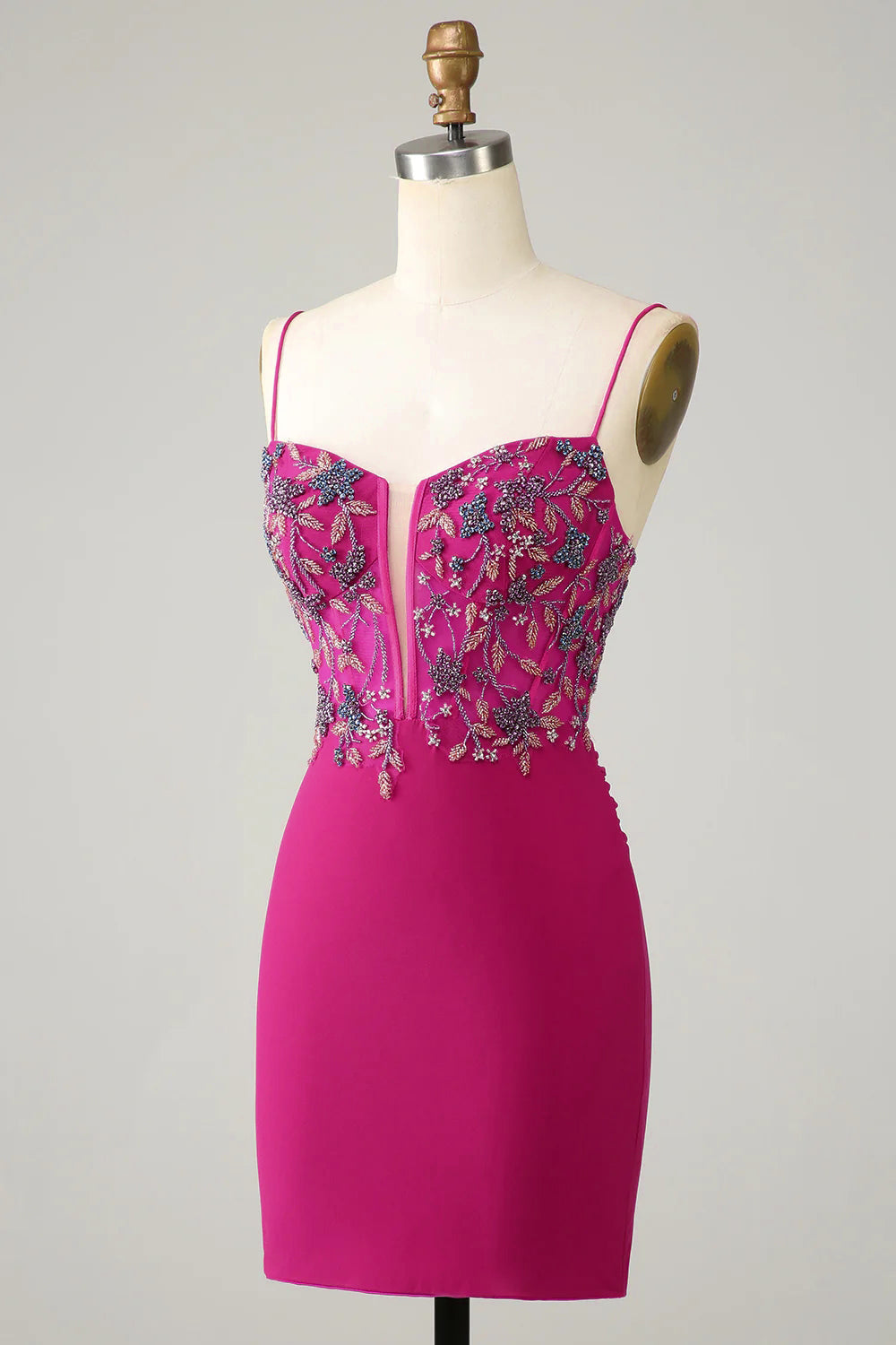 Bodycon Spaghetti Straps Fuchsia Short Cocktail Dress with Beading