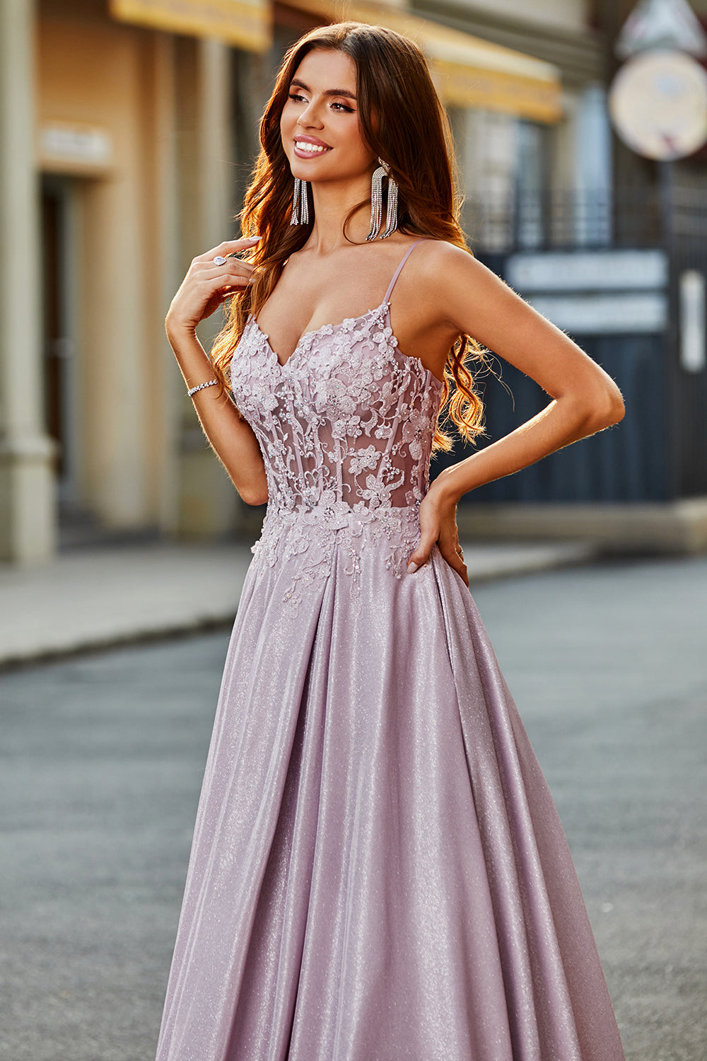 Sparkly A-Line Spaghetti Straps Blush Formal Dress with Beading