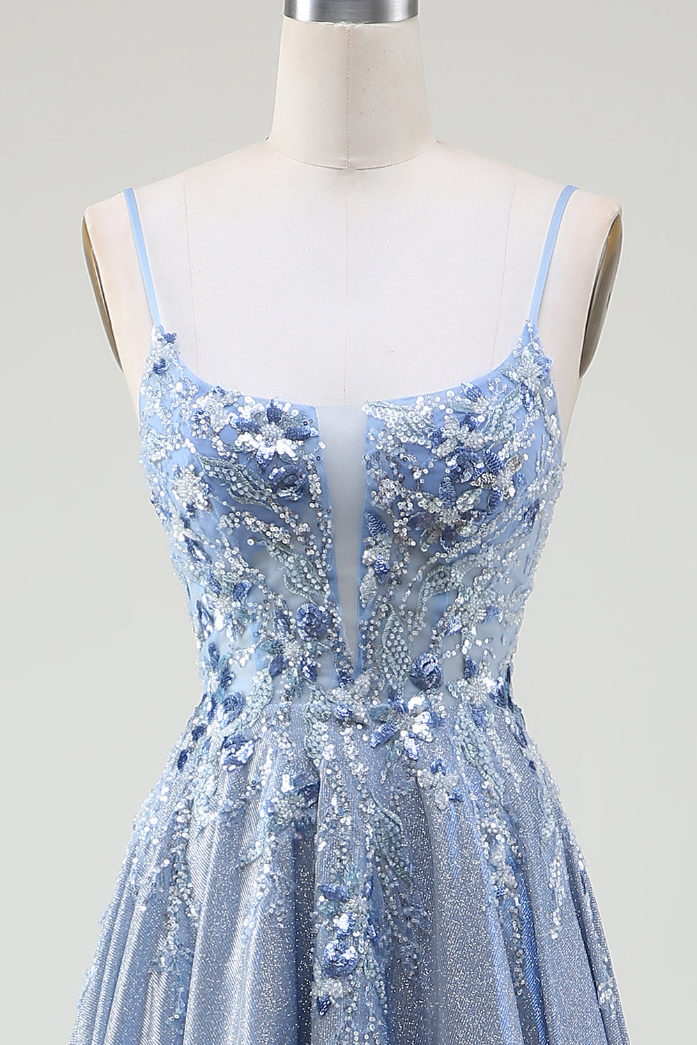 Glitter A-Line Spaghetti Straps Grey Blue Formal Dress